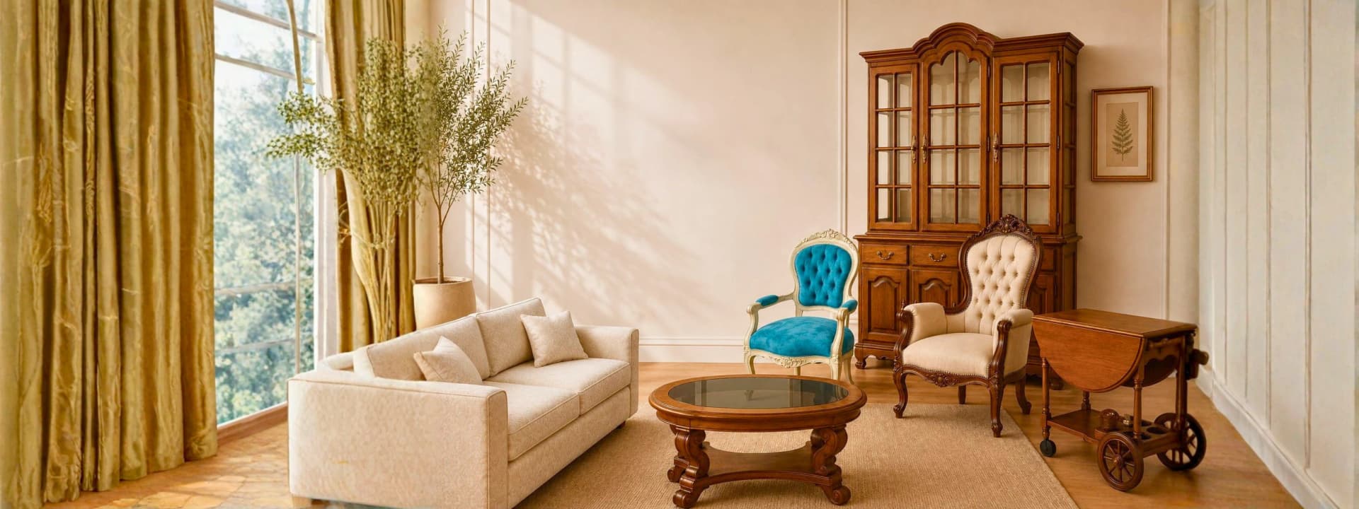 Sillón bergère tapizado en lino azul, restaurado por Carval Muebles