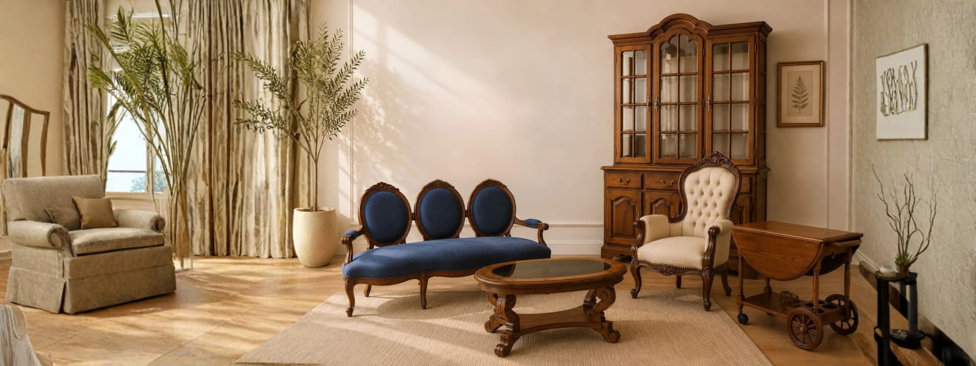 Sillón victoriano en madera tallada con tapiz dorado, trabajo de Carval Muebles