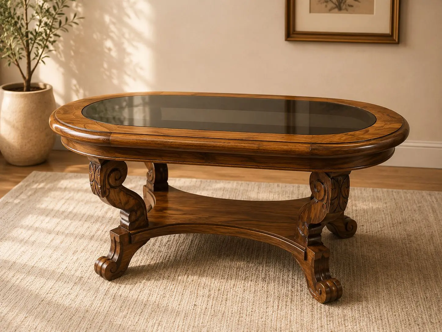 Mesas — Mesa de Centro Ovalada con Tapa de Vidrio — Carval Muebles Viña del Mar
