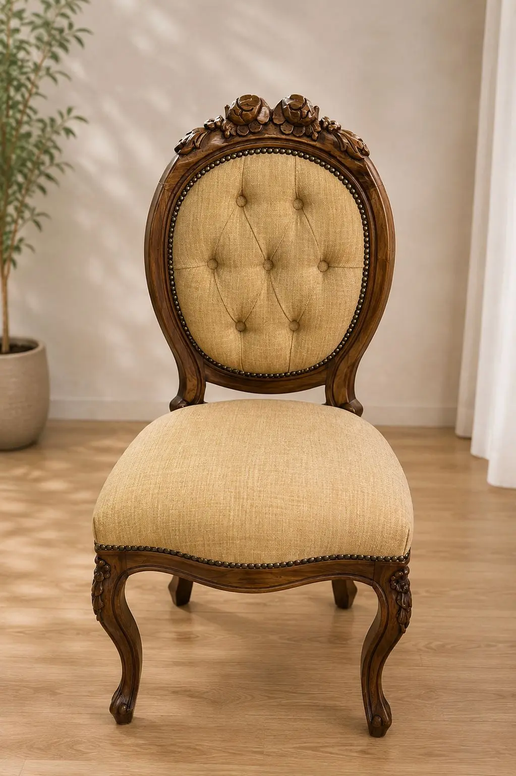 Retapizado — Silla Victoriana Capitoné Beige — Carval Muebles Viña del Mar