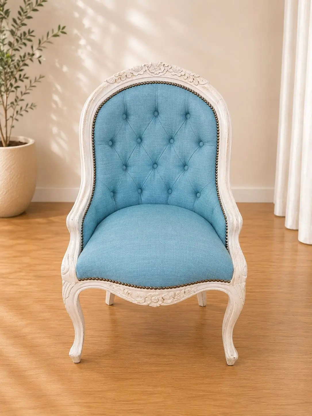 Sillas — Sillón Capitoné en Lino Turquesa — Carval Muebles Viña del Mar