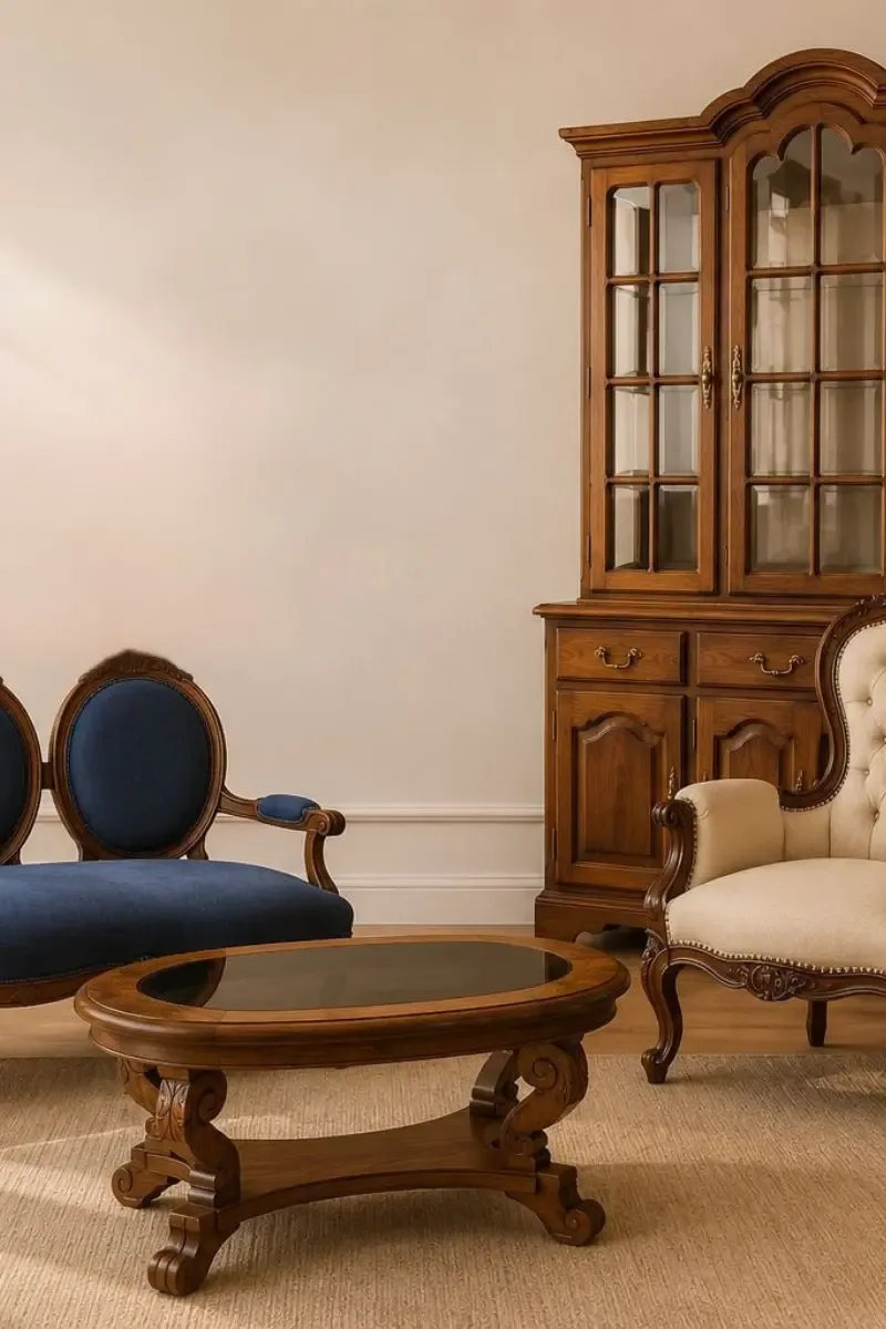 Sillón victoriano en madera tallada con tapiz dorado, trabajo de Carval Muebles