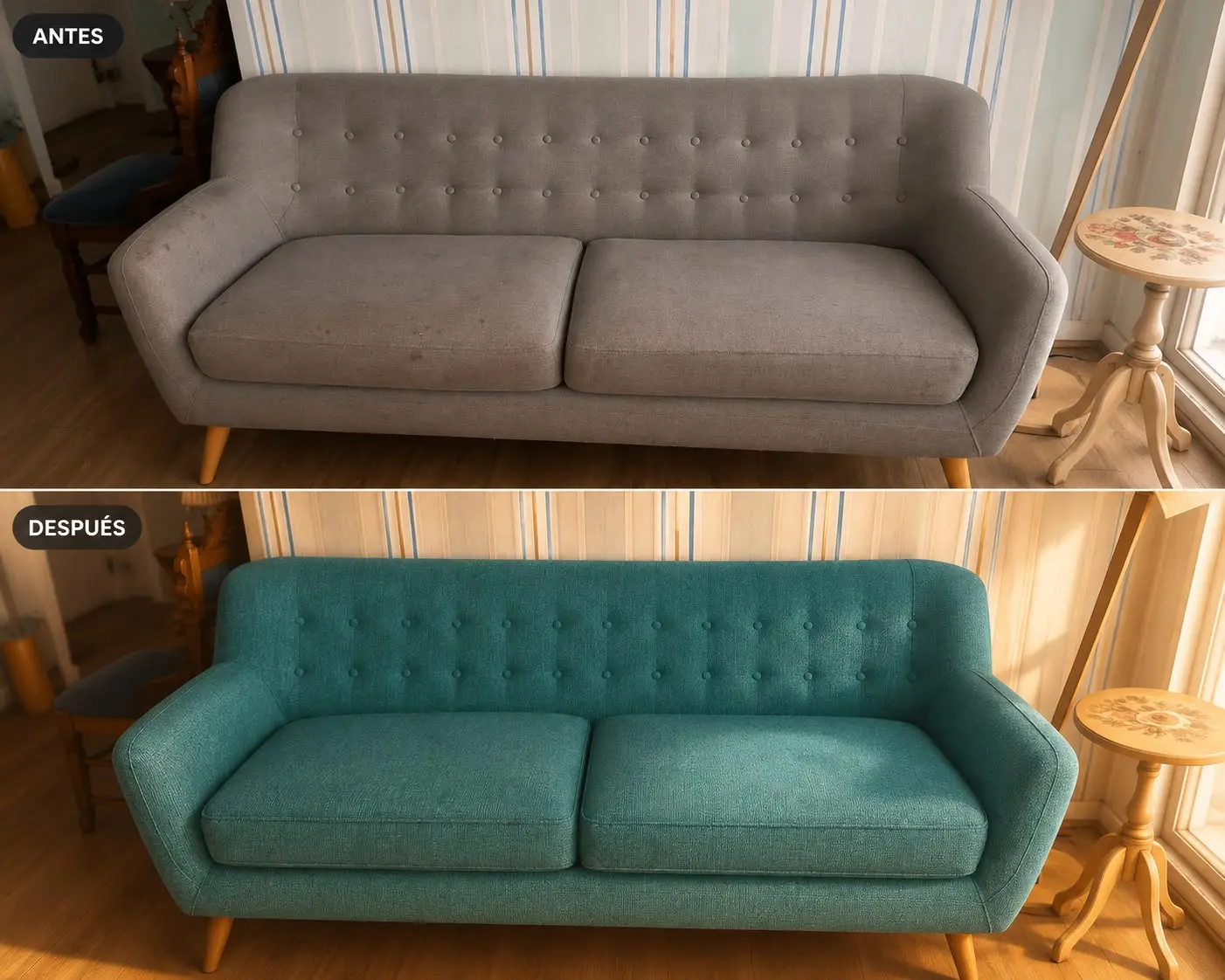 Sillón antes y después de ser retapizado por Carval Muebles en Viña del Mar