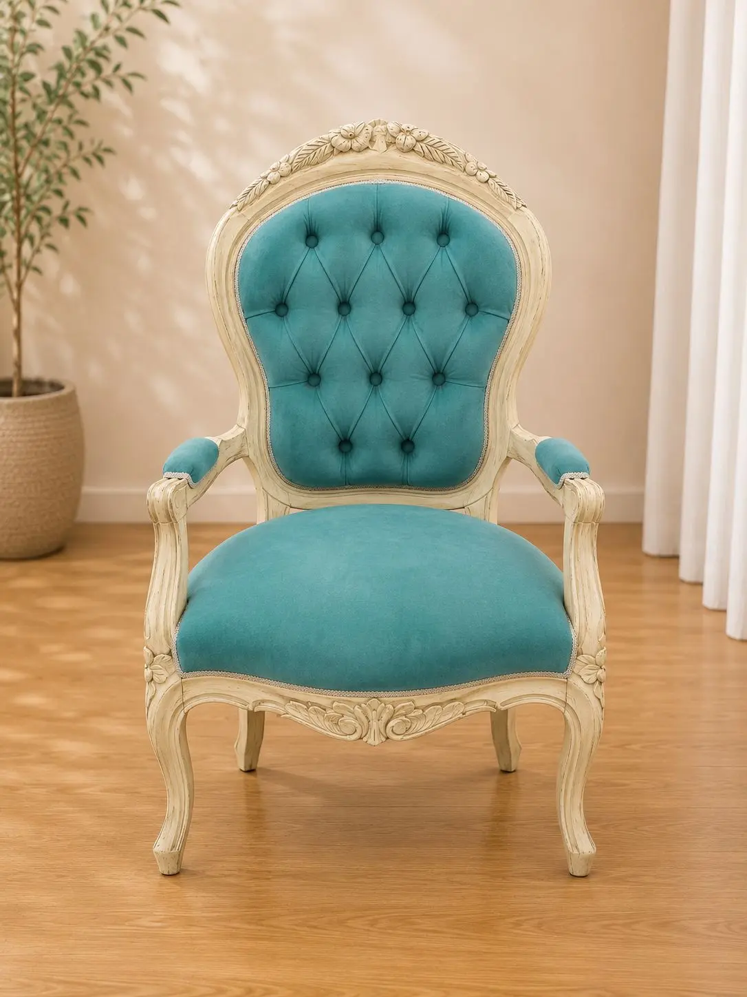 Sitial Provenzal en Turquesa — retapizado por Carval Muebles en Viña del Mar