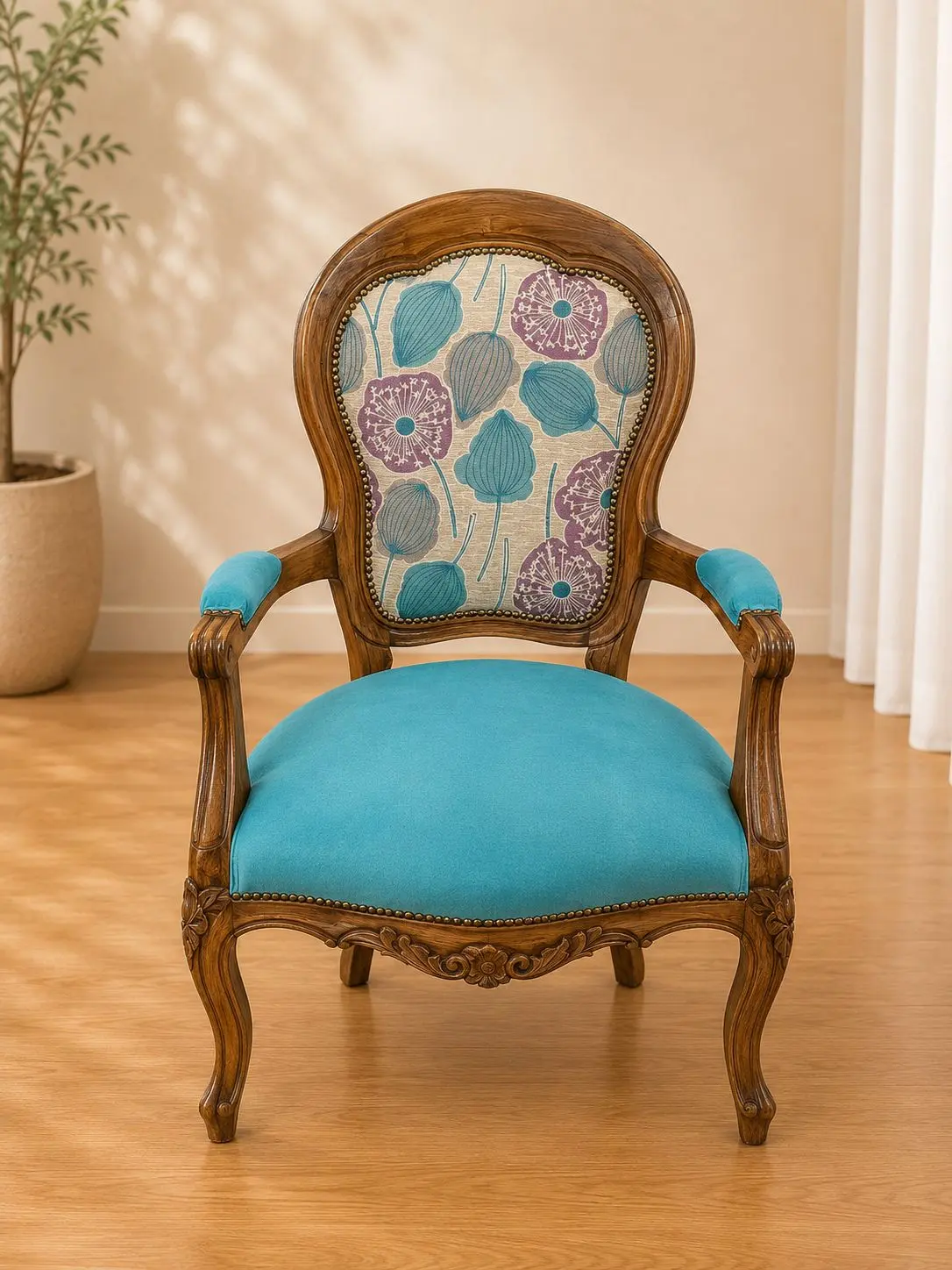 Sitial con Estampado Floral Turquesa — retapizado por Carval Muebles en Viña del Mar