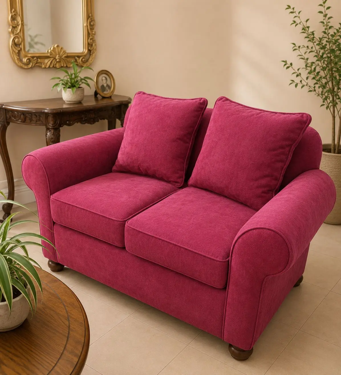 Loveseat en Chenille Magenta — retapizado por Carval Muebles en Viña del Mar